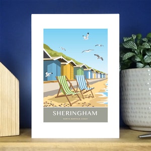 Sheringham, wenskaart, strandhutten, North Norfolk. portret A6 portret wenskaart. Keuze uit meer dan 500.