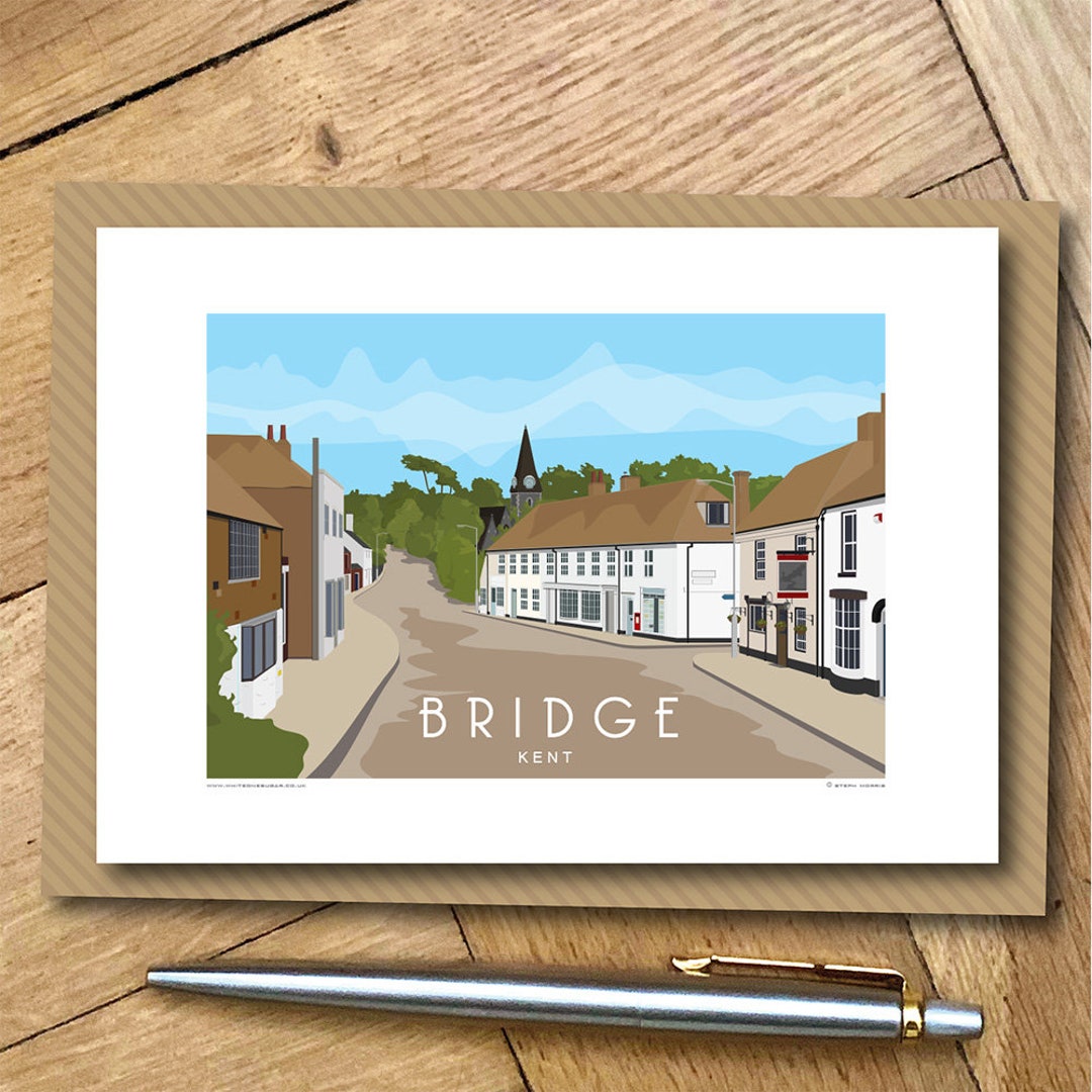 Bridge, Canterbury, Kent Greetings Card. Travel Poster Design A6
