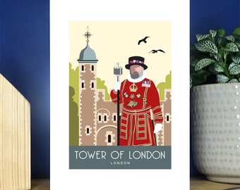 Beefeater Tower of London Portrait Greetings Card. Original Travel Poster by White One Sugar. Over 500 to choose from.