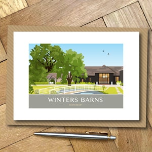 Winters Barns Hochzeit Grußkarte. Canterbury. Reise Poster Design A6 Querformat.