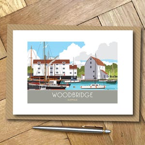 Bateaux et moulin à marée de Woodbridge, Suffolk. Carte de voeux paysage A6