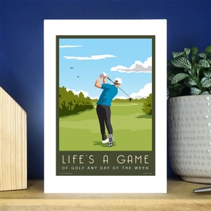 Golf masculino. Tarjeta Deportiva, Retrato A6 Regalo, Tarjeta de Felicitaciones. Más de 500 para elegir.