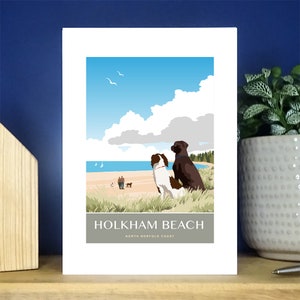 Holkham Beach Dogs, Wells naast de zee, North Norfolk. Portret. A6 wenskaart van Travel Poster. Meer dan 500 om uit te kiezen.