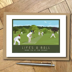 Carte de vœux de cricket, la vie est une balle. Affiche de voyage Design A6 Paysage.
