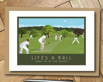 Cricket Greetings Card, Life&#39;s a Ball. Travel Poster Design A6 Landscape.