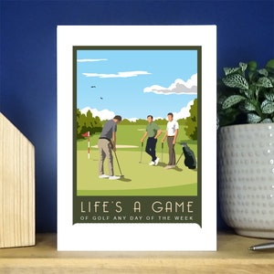 Campo de golf. Tarjeta deportiva, regalo retrato A6, tarjeta de felicitación. Más de 500 para elegir.