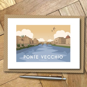 Carte de voeux Ponte Vecchio, Italie. Affiche de voyage Design A6 Paysage.