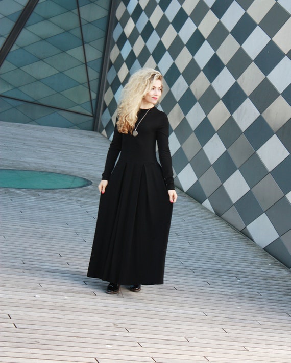Black Maxi Dress With Long Sleeves And Pockets Elegant Floor Etsy