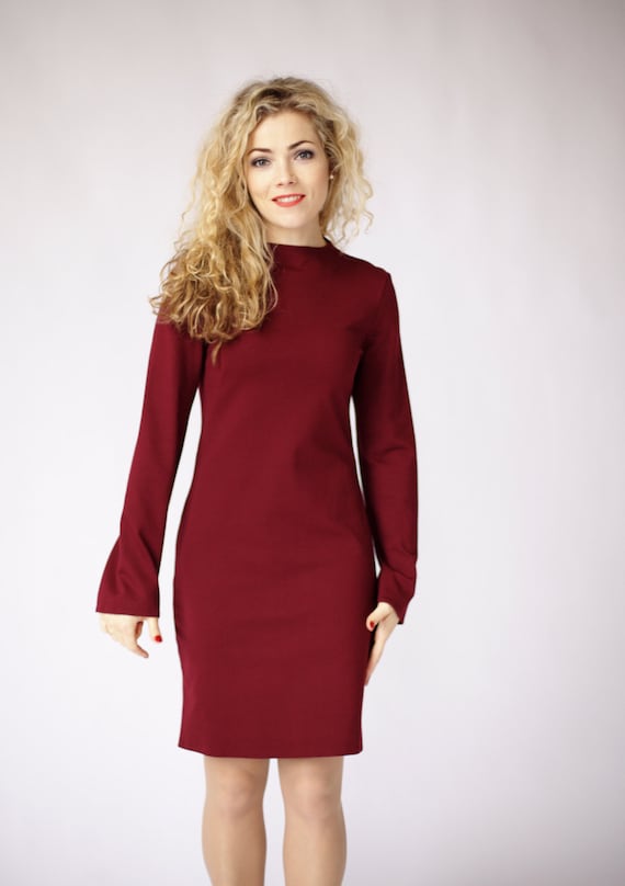Womens Dress Long Sleeve Burgundy Dress Long Sleeves Dark Red Dress Casual Elegant Dress Casual Dresses Modern Dress Minimalist Dress