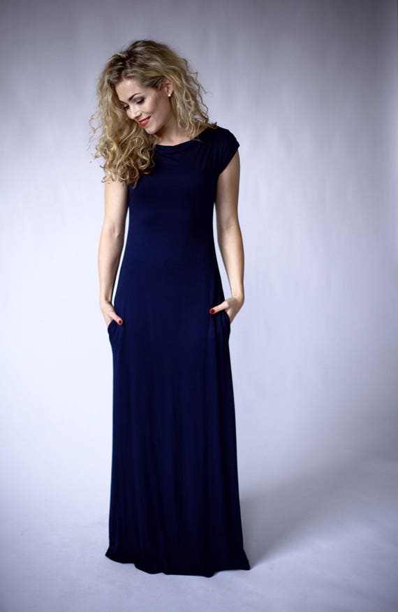 maxi navy dress with sleeves