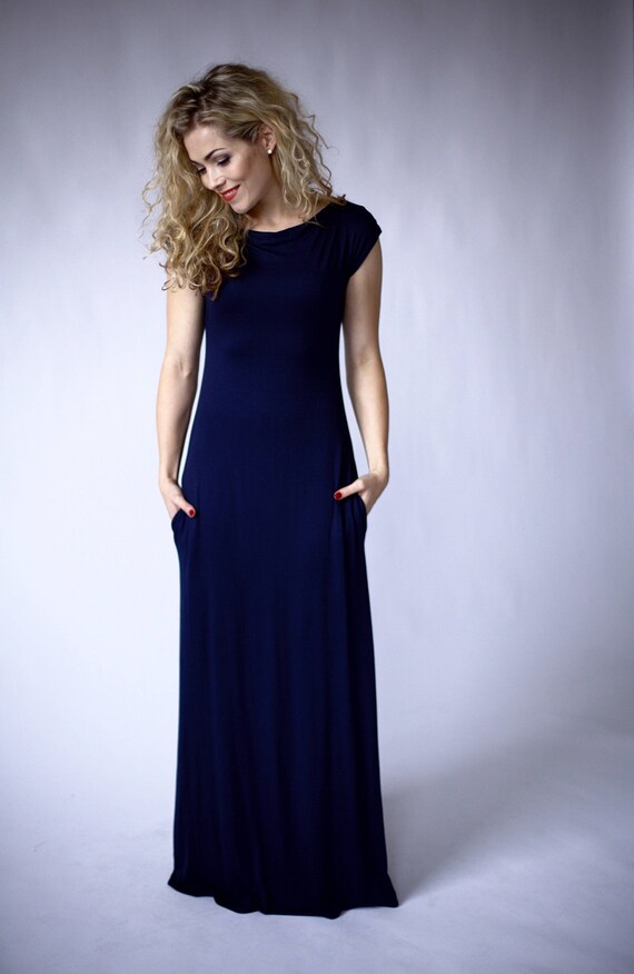 dark blue floor length dress