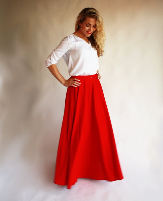 Maxi skirt red long skirt with elastic waist floor length Etsy