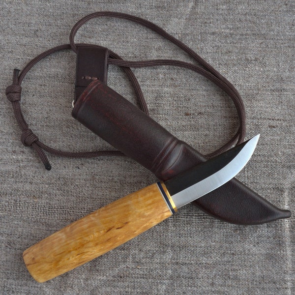Neck Carry Puukko Knife w/ Curly Birch Handle. Blade Length 69mm / 2.72in.