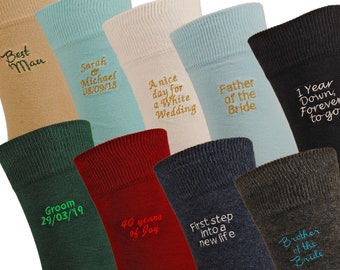 Men's Bespoke Embroidered Dress socks personalised as required. x9 sock colours and x27 embroidery threads to choose from. Made to order.