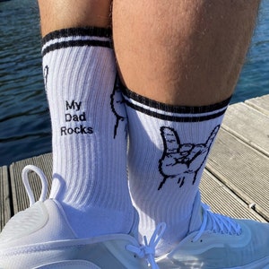 Men&#39;s Bespoke Embroidered &#39;Rock Salute&#39; Upcycled Cotton Sports socks personalised to order. Retro Styling, Eco-Friendly, Sign of the Horns.