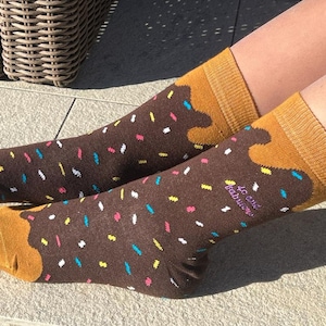Ladies &#39;Doughnut Sprinkles&#39; socks custom personalised via embroidery. Mother&#39;s day / Gift / Bespoke / Gift for Her / Sweet Treat / Novelty.
