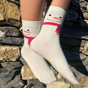 Ladies cotton rich &#39;Snowman Wrap&#39; Christmas socks. Novelty socks, Stocking filler, secret Santa, gifts for her, Christmas socks, Xmas gift.