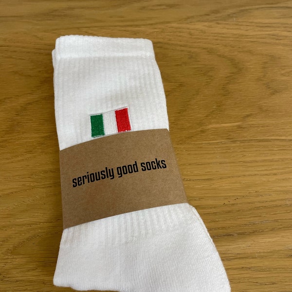 Men's or Ladies Patriotic Embroidered Italian Flag Crew Sports Socks in upcycled cotton. Eco-Friendly / Italian Flag / Patriotic / Country