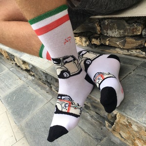 Men&#39;s &#39;Cinquecento&#39; socks  personalised to order via embroidery. Classic car / Gift for him / 500 / Car socks / Novelty / Italy / Italian