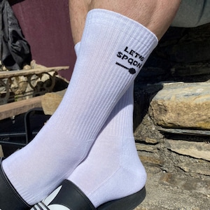 Men&#39;s &#39;Let&#39;s Fork/Let&#39;s Spoon&#39; Retro Upcycled Cotton Crew Sports socks. Eco-Friendly, innuendo socks, gym socks, Terry cushioned sole.