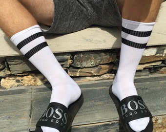 Men's Crew Sport socks. Gym socks, Retro Styling, Cotton-rich, Ribbed leg, Cushioned foot.