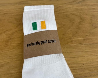 Men's or Ladies Patriotic Embroidered Irish Flag Crew Sports Socks in upcycled cotton. Eco-Friendly, Ireland flag, St.Patricks Day, National