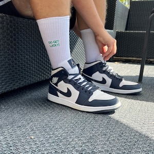 Men's Bespoke Embroidered Sports Crew socks. Made to Order & Made in Britain. Custom text, Eco-Friendly White Cotton Sport Socks.