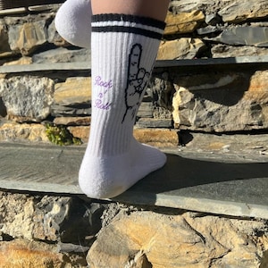 Ladies Bespoke Embroidered &#39;Rock Salute&#39; Upcycled Cotton Sports socks personalised to order. Retro Styling, Eco-Friendly, Sign of the Horns.