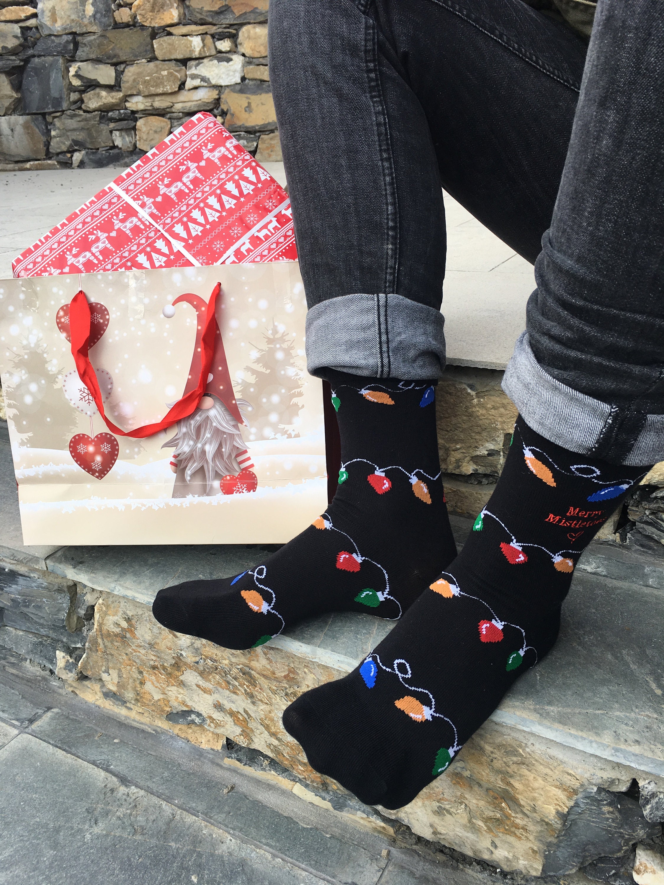 Image of Men's "Christmas Lights' Christmas Socks Personalised Via Embroidery, Size Uk 7-11/Euro 41-45 Us 10-12