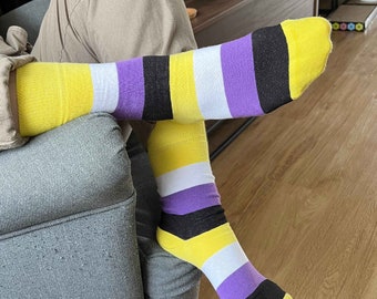 Unisex adults 'Non-Binary Pride Socks'. Cotton-rich, Pride flag, LGBTQ socks, Novelty gift, Pride month gift, Gender queer.