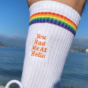 Men&#39;s Bespoke Embroidered &#39;Pride Stripe&#39; Retro Upcycled Cotton Sports socks personalised as required. LGTB socks, Pride month, Pride gift.