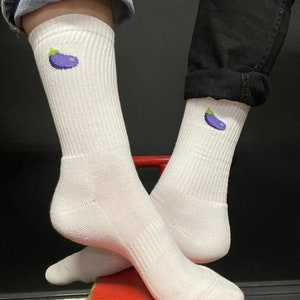 Ladies &#39;Eggplant&#39; Retro Upcycled Cotton Crew Sports. Emoji / Eco-Friendly / Innuendo socks /  Gym socks / Terry cushioned sole.