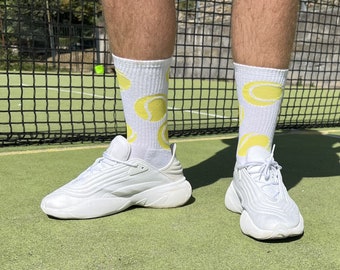 Men's 'Tennis' Crew Upcycled Cotton Sports socks. Tennis Ball / Retro Styling / Eco-Friendly / Ace / Wimbledon / Gym Socks / Sports Crew