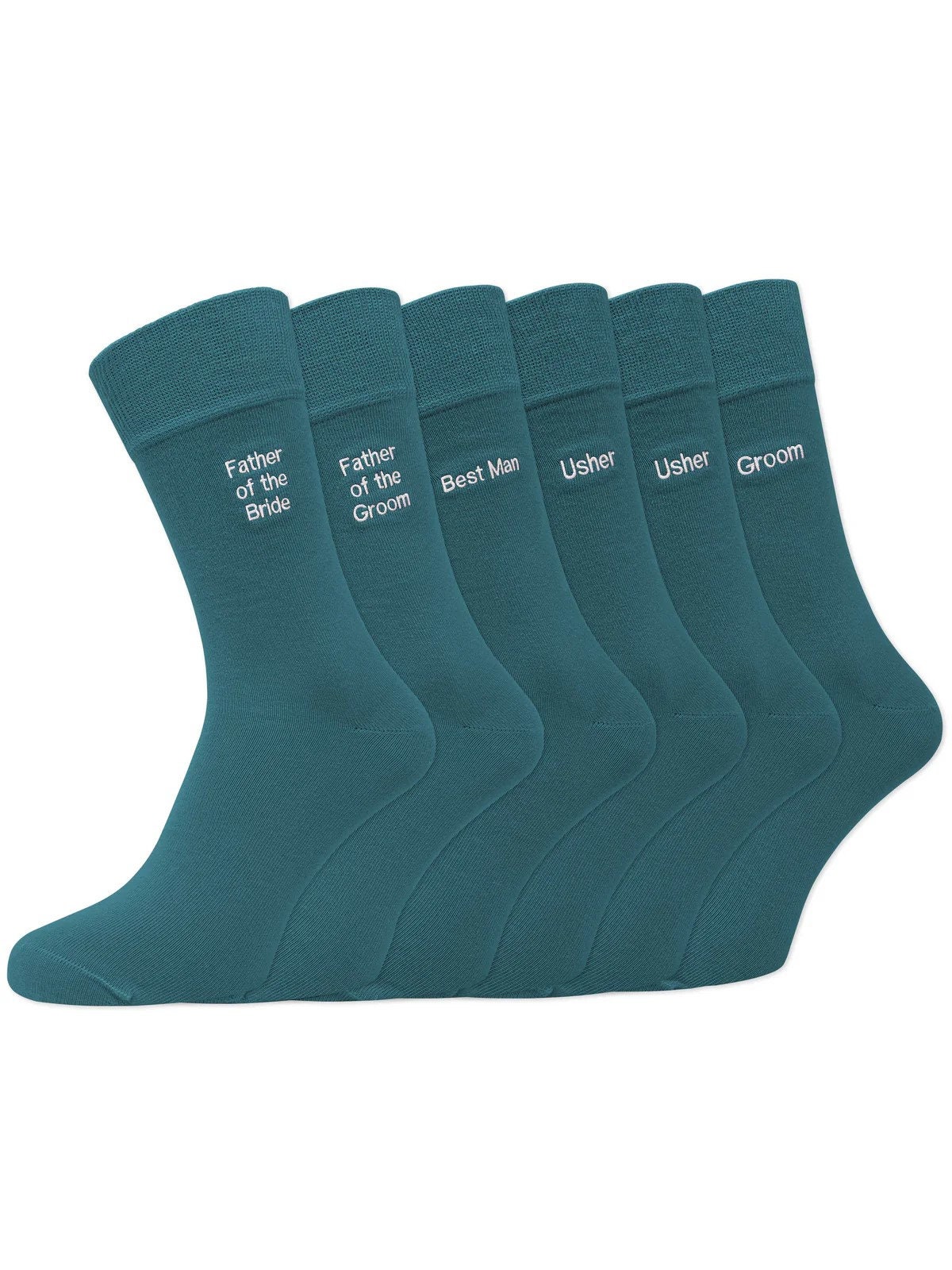 Groom's Party 'Teal' Embroidered Wedding Socks x6 pairs - Groom, Father of the Bride, Father of the Groom, Best Man and Usher (x2)