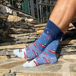 Men’s Christmas ‘Tree en Route’ socks, personalised to order via embroidery. Christmas socks, Novelty, Secret Santa, Bespoke Gift for Men.