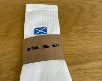 Men's or Ladies Patriotic Embroidered Scottish Flag Crew Sports Socks. Upcycled cotton, Patriotic socks, St Andrew, Proud to be Scottish