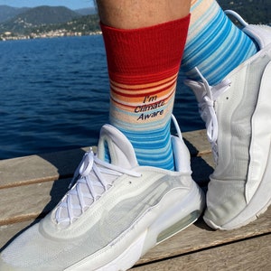 May include: White sneakers with a clear mesh upper and a blue and orange striped sock that says "I'm Climate Aware".