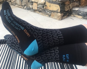 Men's 'Binary' socks personalised via embroidery. Custom made to order. Novelty. Gift for men. Binary code. Cryptic code, Coded socks.