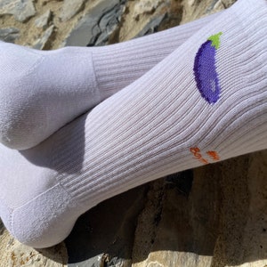 Men&#39;s Bespoke Embroidered &#39;Eggplant&#39; Retro Upcycled Crew Cotton Sports, personalised to order. Eco-Friendly / emoji / innuendo / gym socks