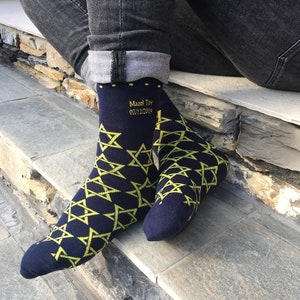 Men&#39;s &#39;Star of David&#39; Hanukkah socks personalised via custom embroidery. Made to order. Bar Mitzvah, Bat Mitzvah, Festival of lights.