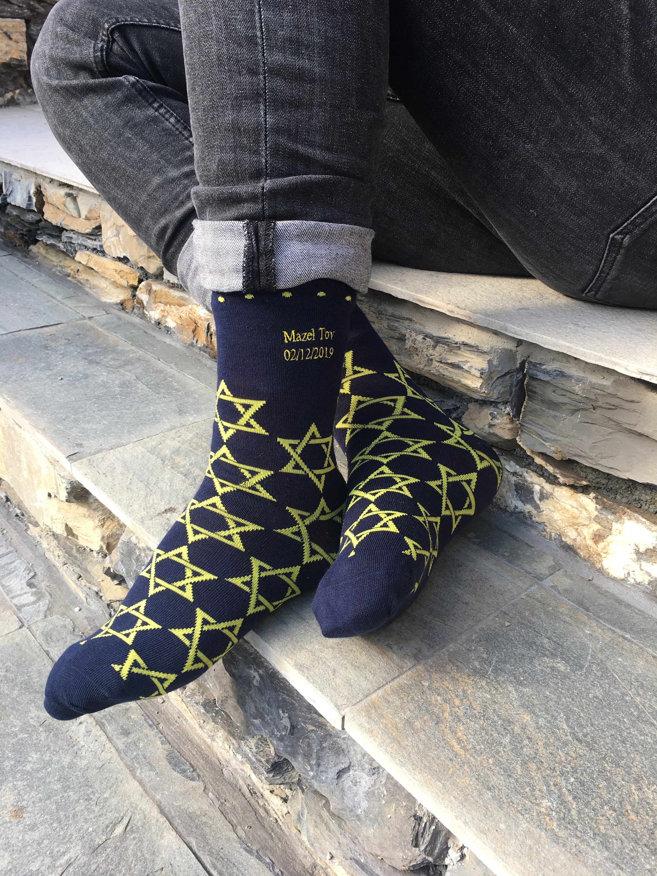 Image of Men's "star Of David' Hanukkah Socks Personalised Via Embroidery, Size Uk 7-11/Euro 41-45 Us 10-12