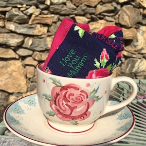 Ladies personalised via custom embroidery &#39;Rambling Rose&#39; socks. Made to order, gift for her, Mother&#39;s Day, Flowers, Mum.