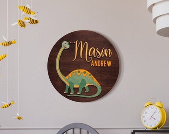 Segno del nome del dinosauro, Dino Room Decor, Segno del collo lungo del dinosauro, Decorazione del dinosauro del ragazzo, Brachiosaurus, segno del nome del vivaio, segno del nome rotondo personalizzato