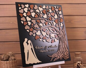 Wedding Guest Book Alternative 3D Tree Wall Décor Custom Guestbook ideas Sign In Wooden hearts Rustic outdoor barn theme Wedding Gift