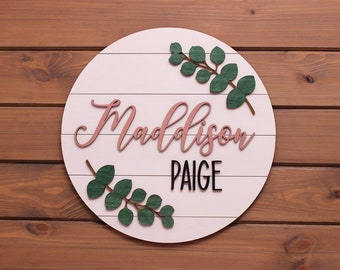 Shiplap sign, 3D legno personalizzato nursery round name sign, bambino baby name 3D Letters, baby shower, white wood Circle with eucalyptus 12''-30''