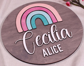 Segno del nome del bambino con arcobaleno, Segno rotondo personalizzato, placca neutra Personalizzata Nursery Wall Art, Ritaglio del nome in legno, nome rivela idee