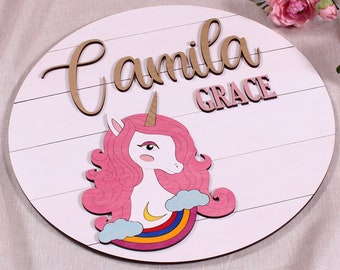 Unicorno Segno rotondo, Ragazze arcobaleno, Segno del nome della ragazza della stanza decor, nome dell'asilo nido, lettere 3d, tabellone del nome del legno, nome del vivaio, segno del cognome