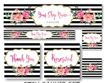 Floral Etsy Banner Set, Gold Glitter Peonies Banner Set, Peonies Pink Floral Watercolor, Facebook Timeline Cover Business Cards - EB13