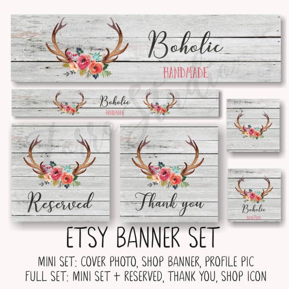 Rustic Etsy Banner Set Floral Peonies Antlers Wooden Facebook Etsy