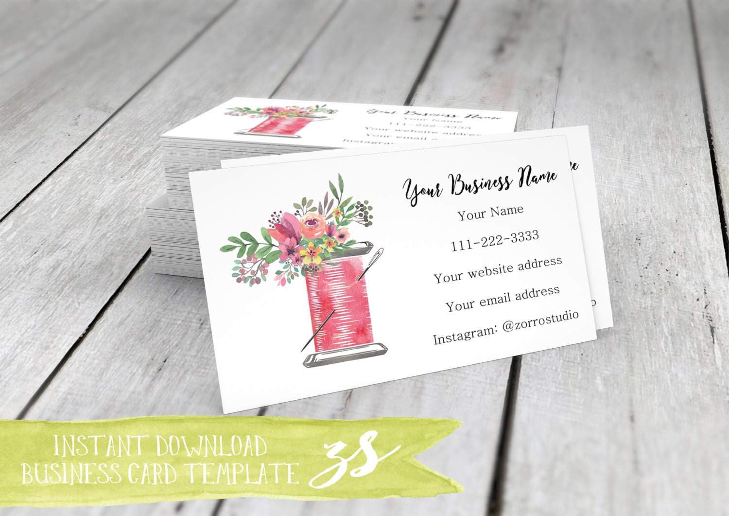 Business Card Template Sewing Thread Floral Peonies - Etsy